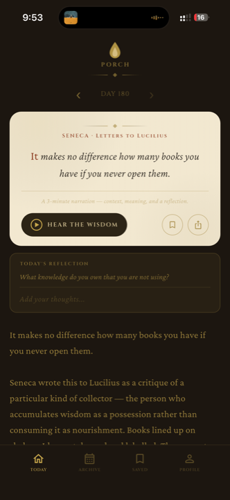 The Porch app showing a daily stoic quote with a play button